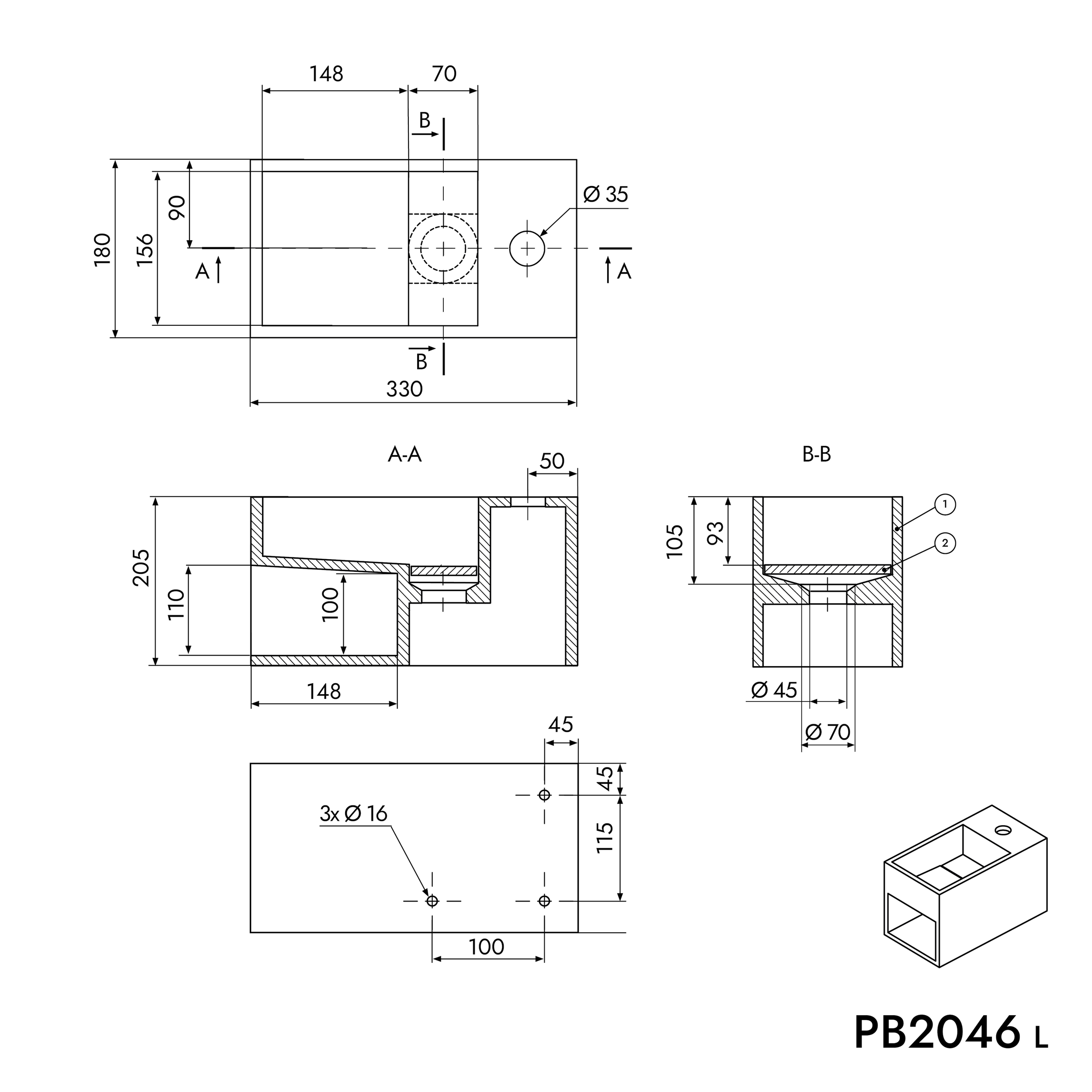Vägghängt tvättställ PB2046 i gjuten mineral