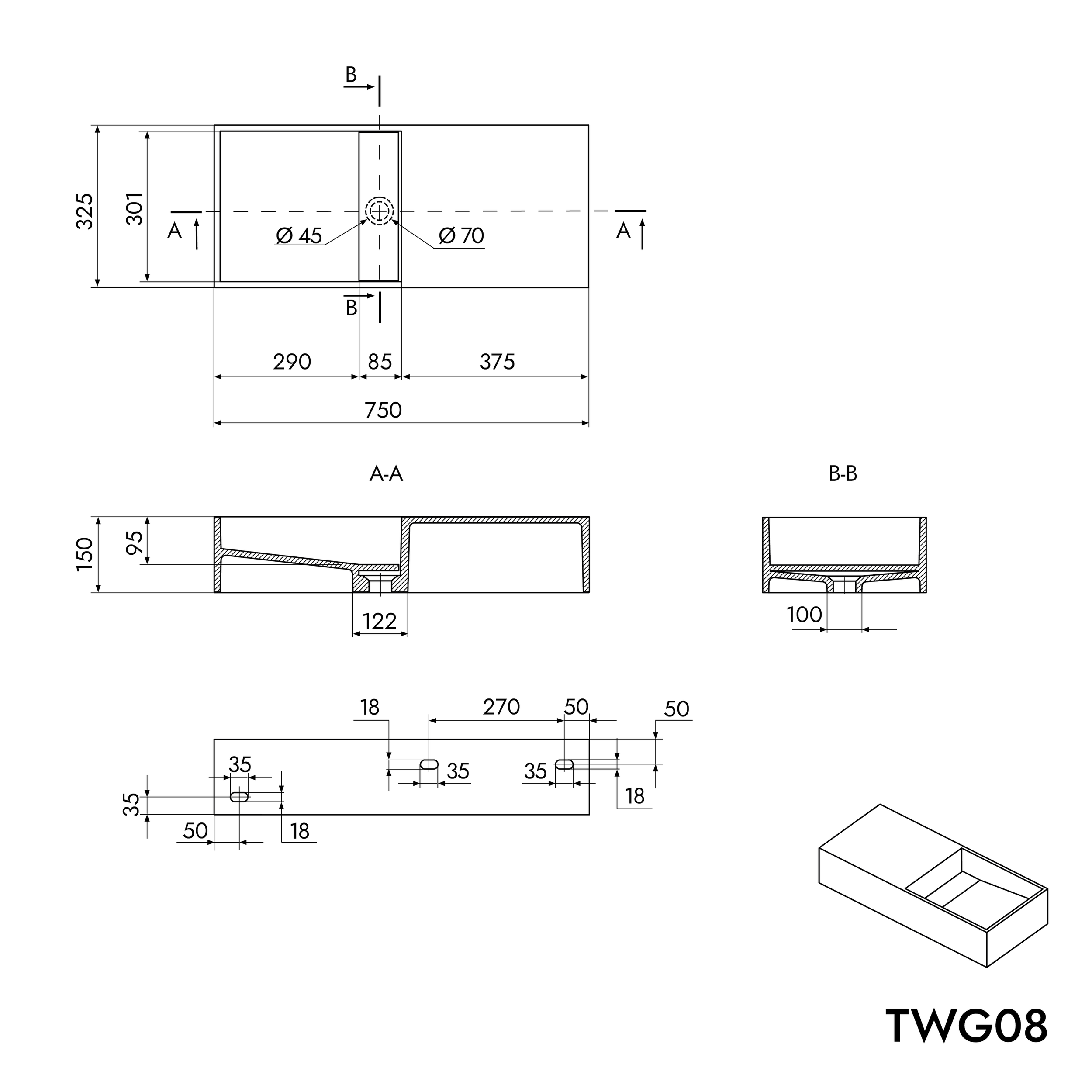 TWG08 vägghängd tvättställ i gjuten mineral