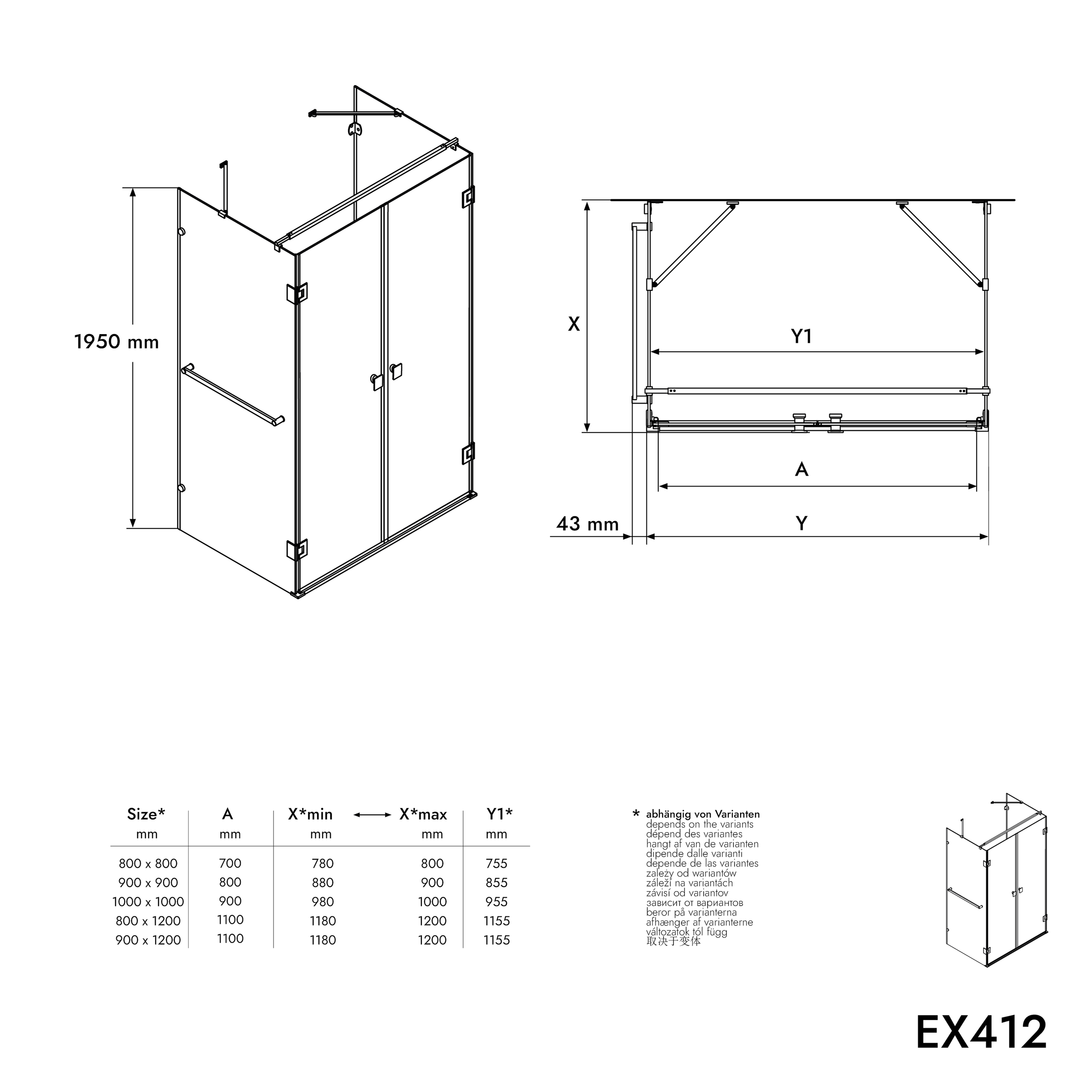 Duschvägg EX412 i U-form med gångjärnsdörrar - 8 mm - Nano äkta glas - 90 x 90 x 195 cm - Handdukstork