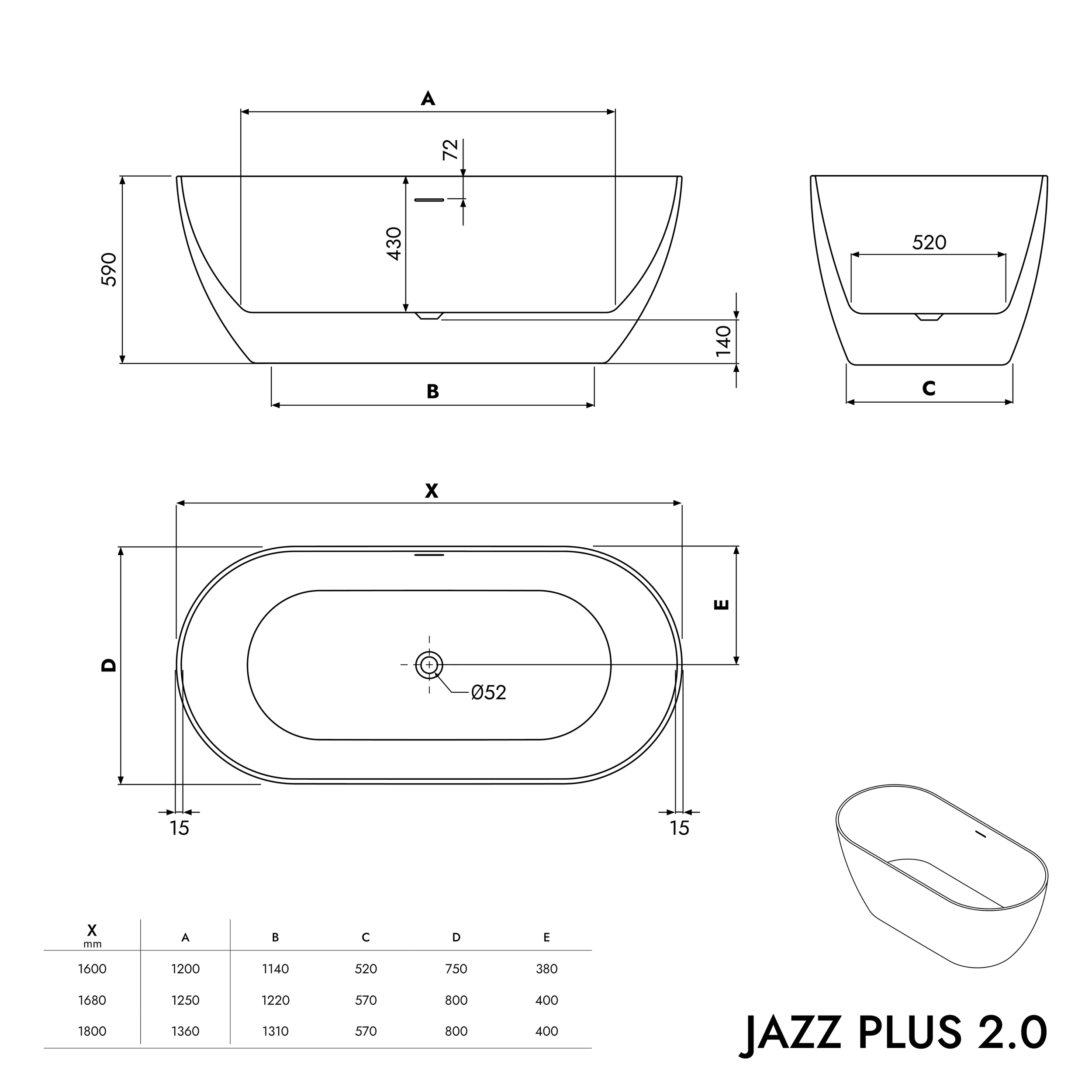 Fristående badkar JAZZ PLUS 2.0 akryl vit matt