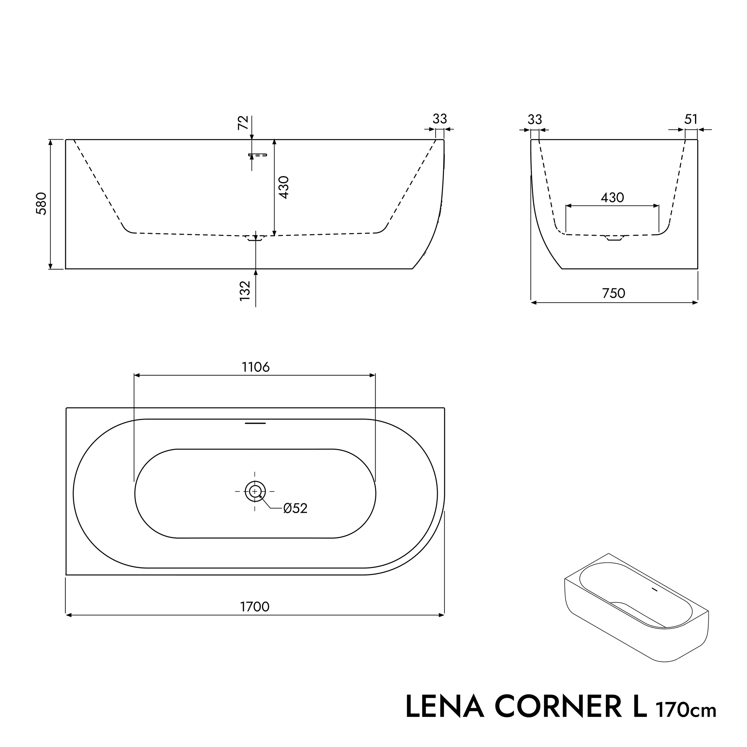 Halv fristående badkar LENA CORNER