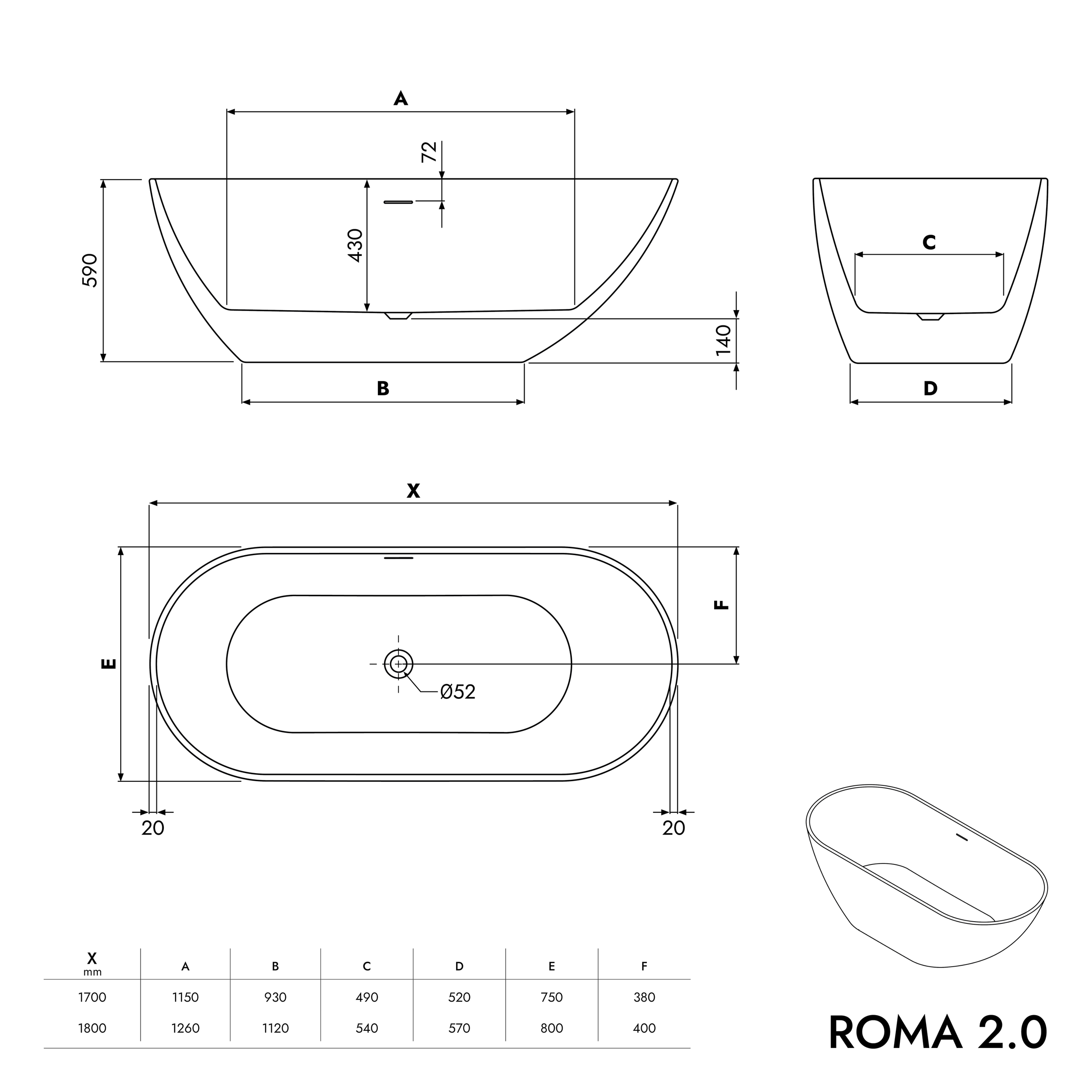 Fristående badkar ROMA 2.0 akryl vit matt - 180 x 80 x 58 cm