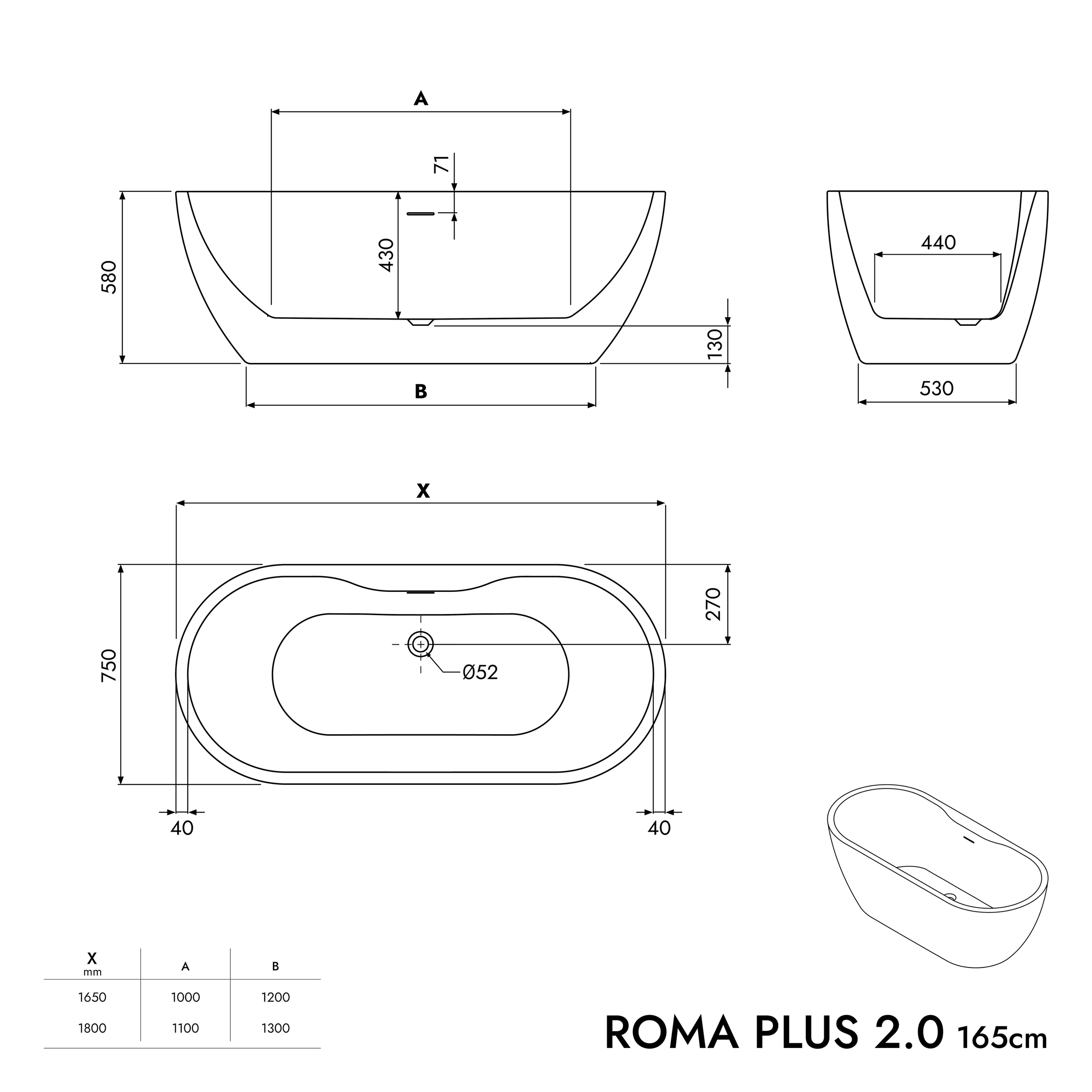 Fristående badkar ROMA PLUS 2.0 akryl