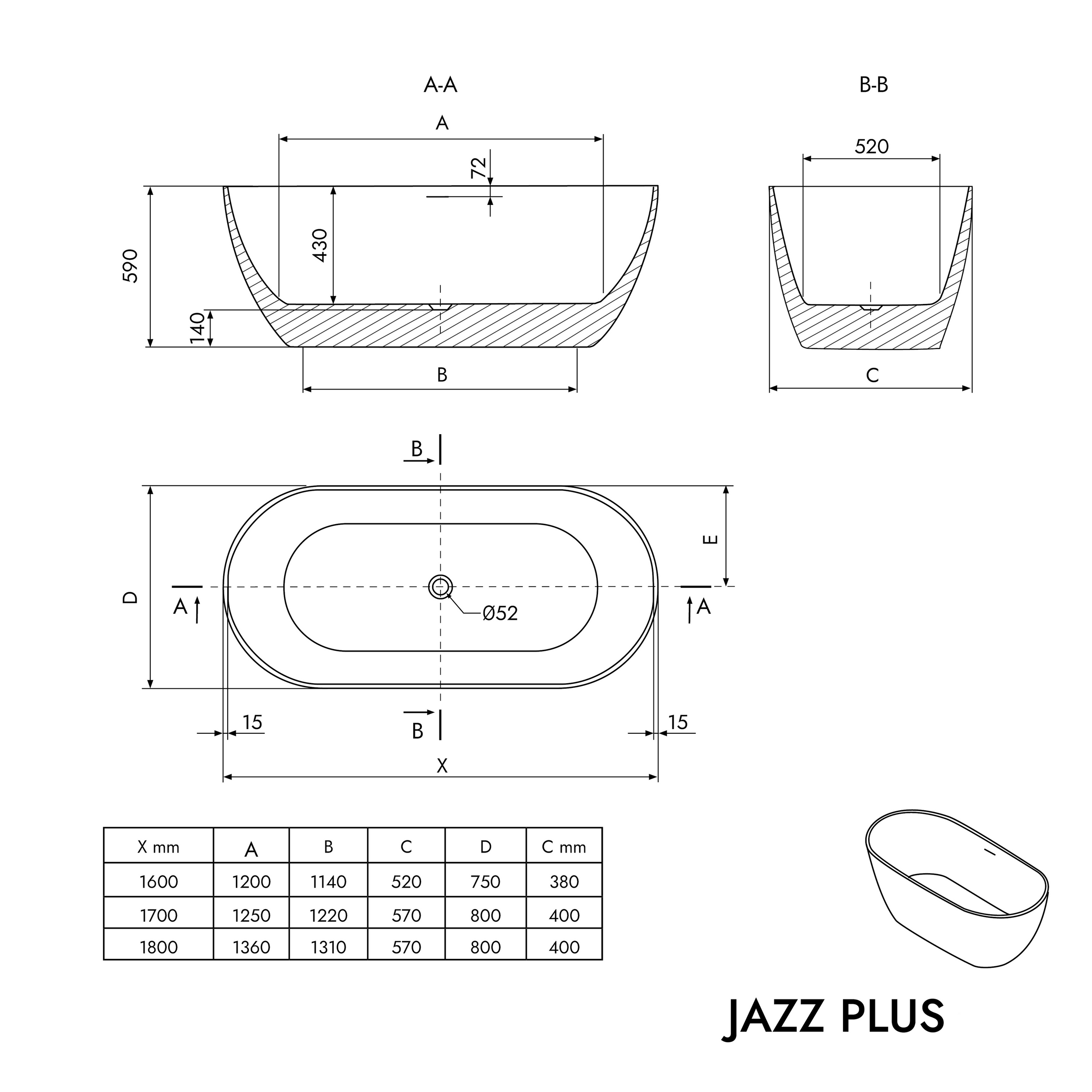 Fristående badkar JAZZ PLUS 2.0 akryl vit matt