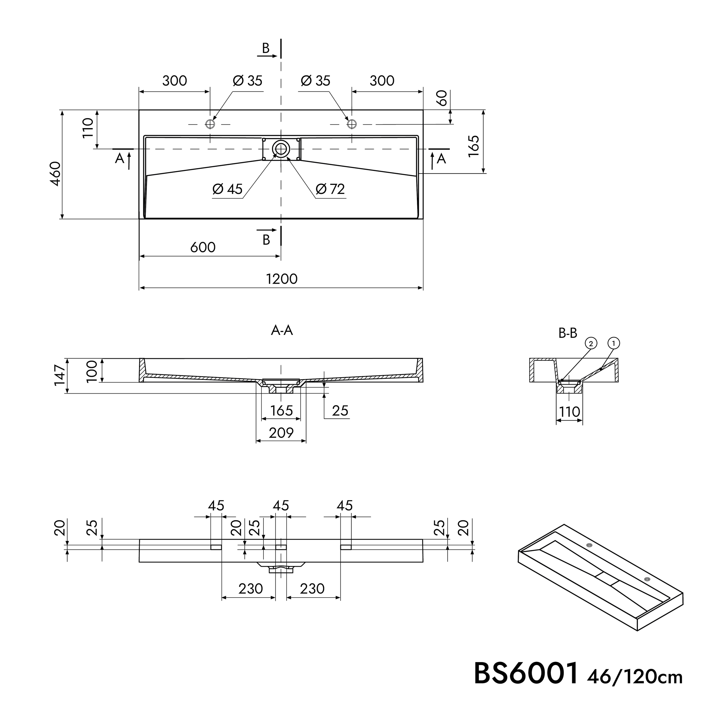 Väggmonterat eller fristående tvättställ/handfat BS6001 - vit- 2 hål för kranenhet - bredd på 120 cm