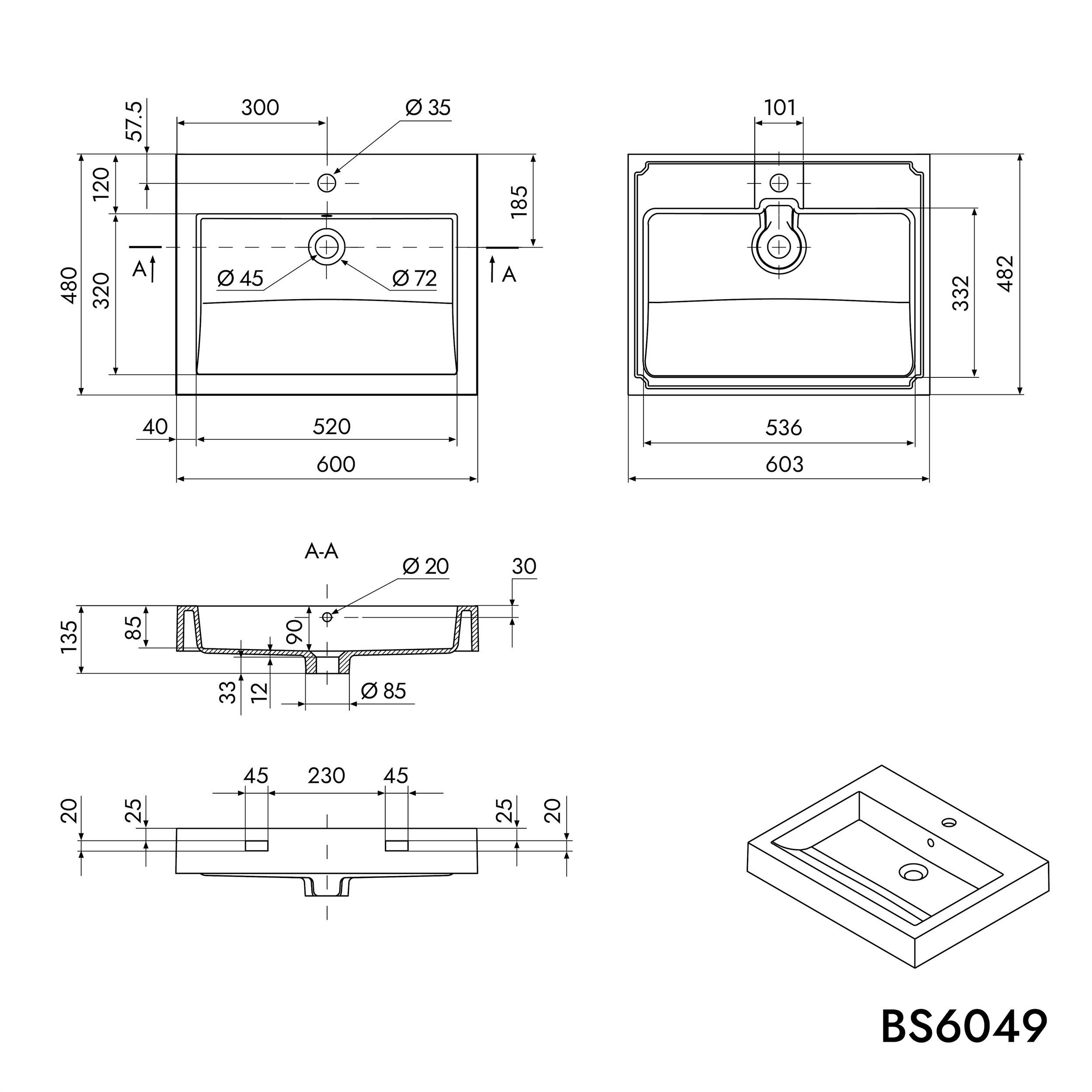 Vägghängt tvättställ Bänkskiva BS6049