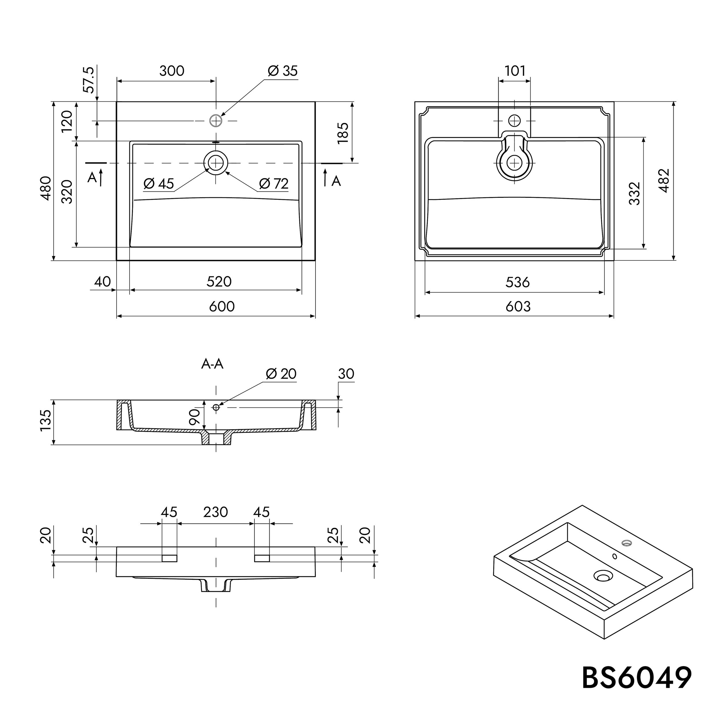 Vägghängt tvättställ Bänkskiva BS6049