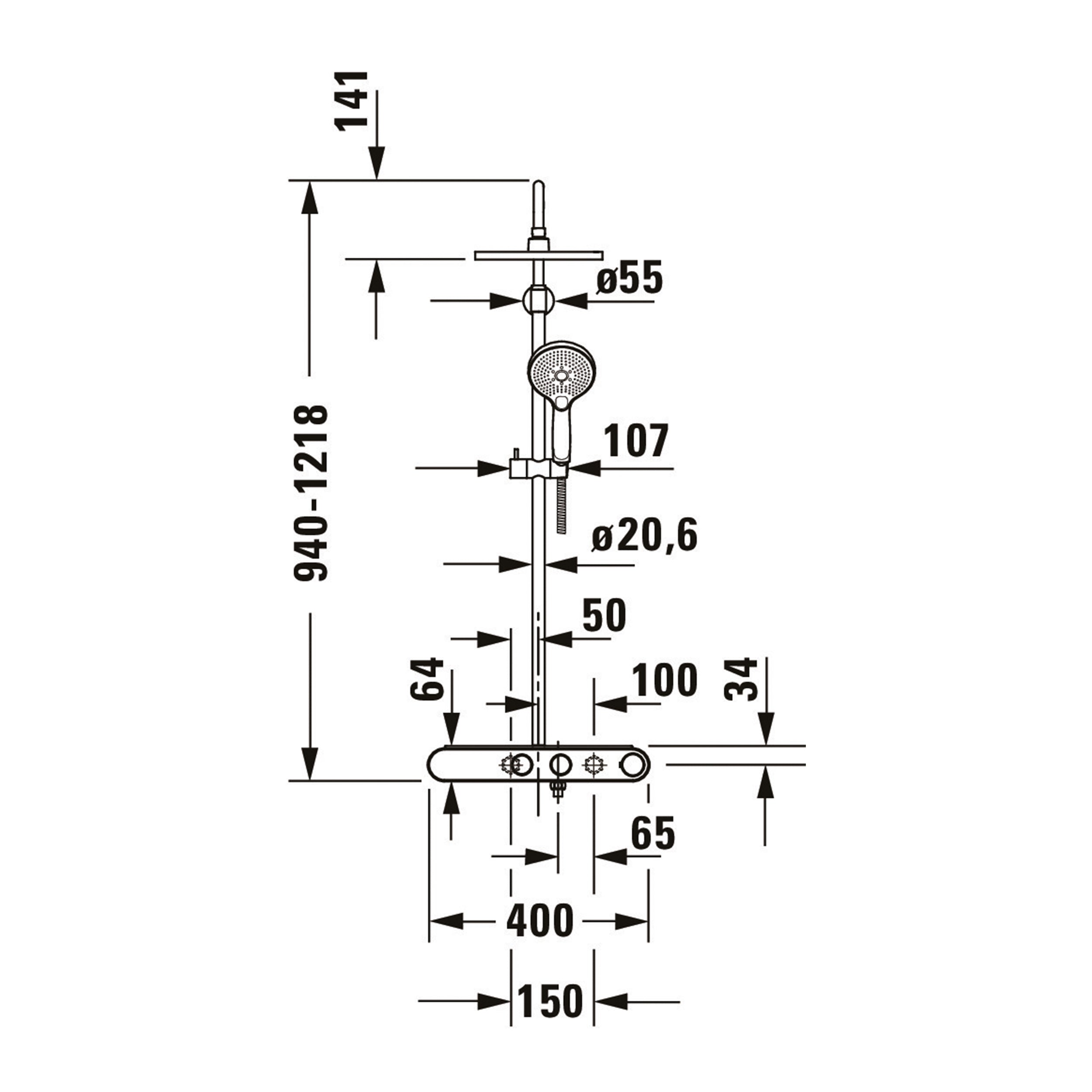 Duravit duschsystem med termostat, glashylla, 3 flödeslägen och MinusFlow-funktion - krom/vit