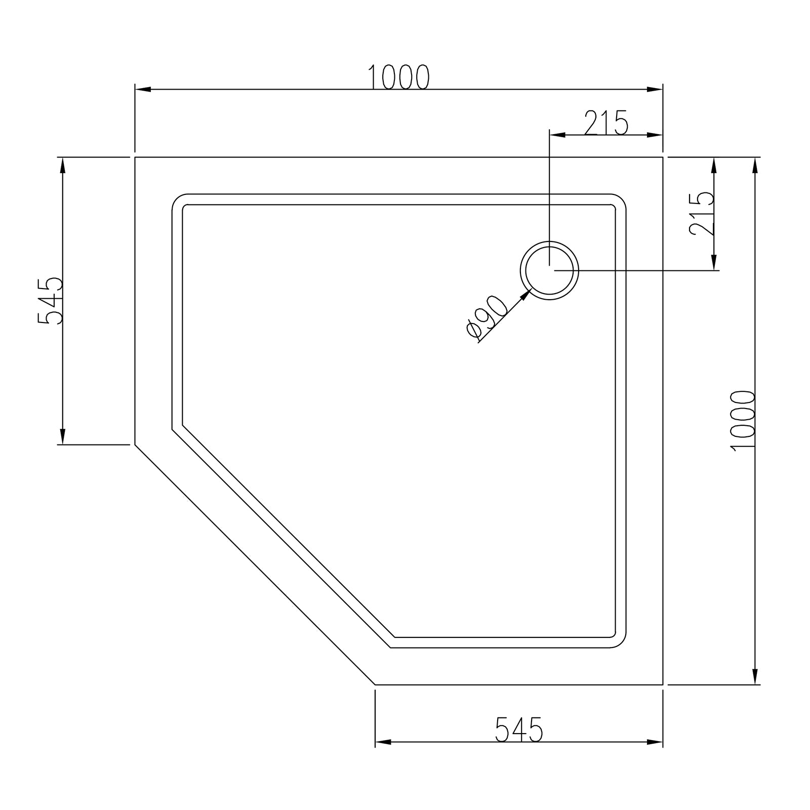 Femhörnigt duschkar 100 x 100 cm med bottenventil
