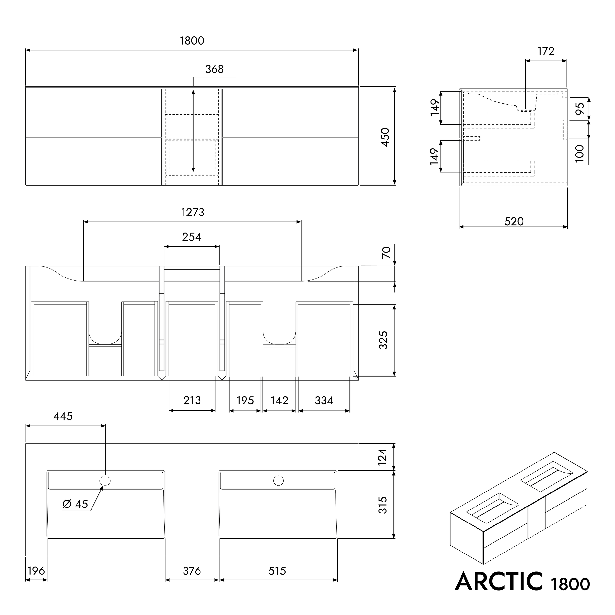 Tvättställsskåp i full storlek ARCTIC 1800