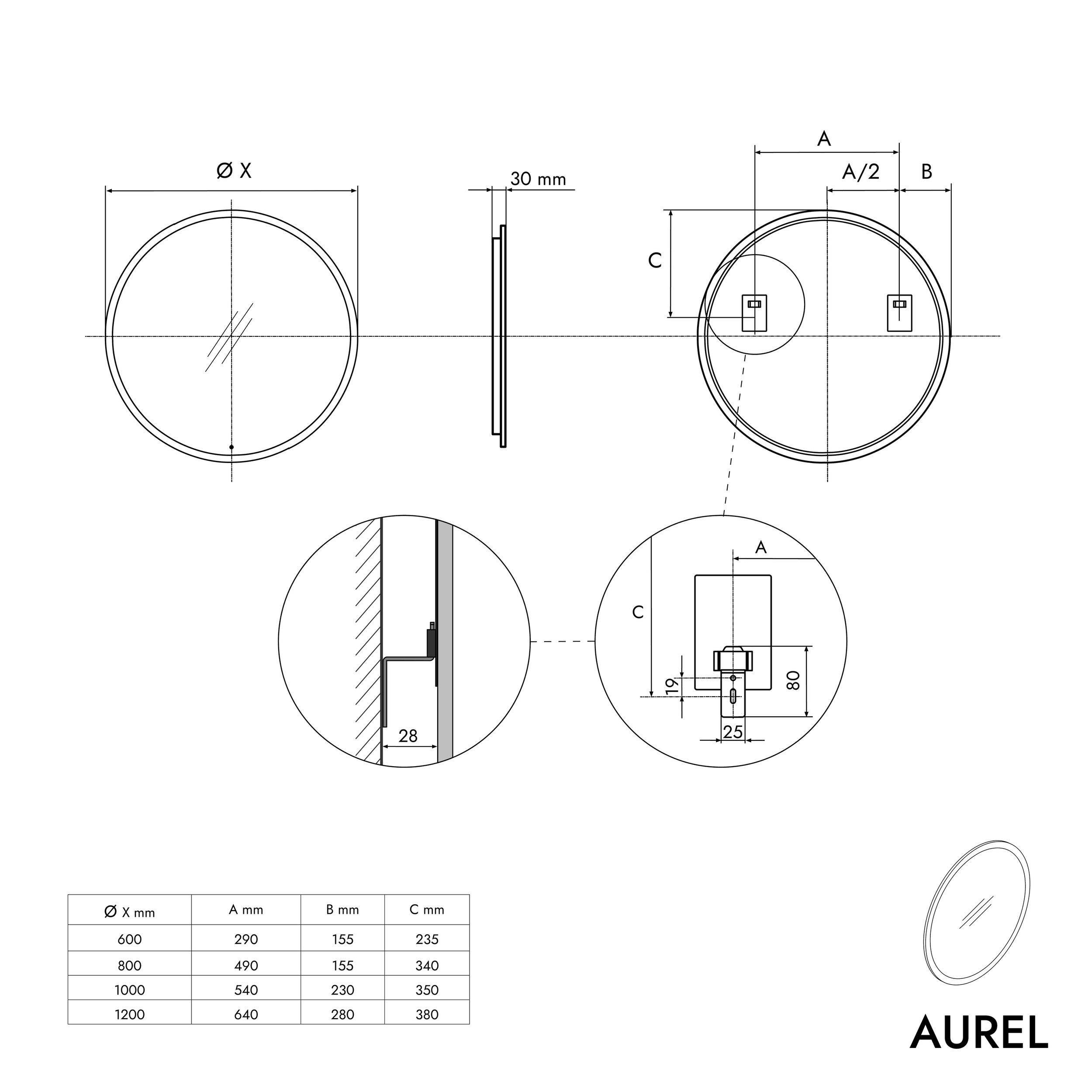 Rund LED-badrumsspegel AUREL