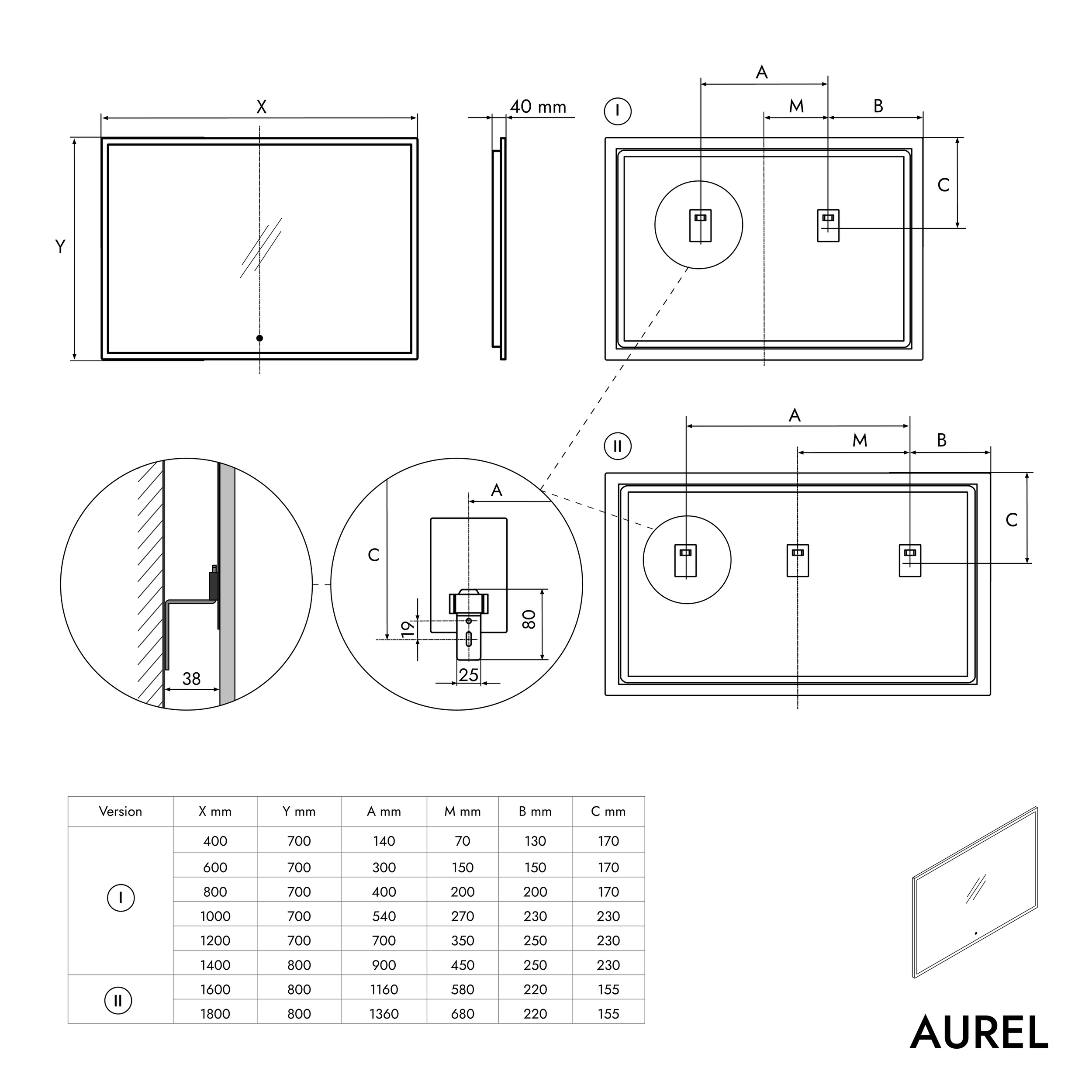 Rektangulär LED-badrumsspegel AUREL