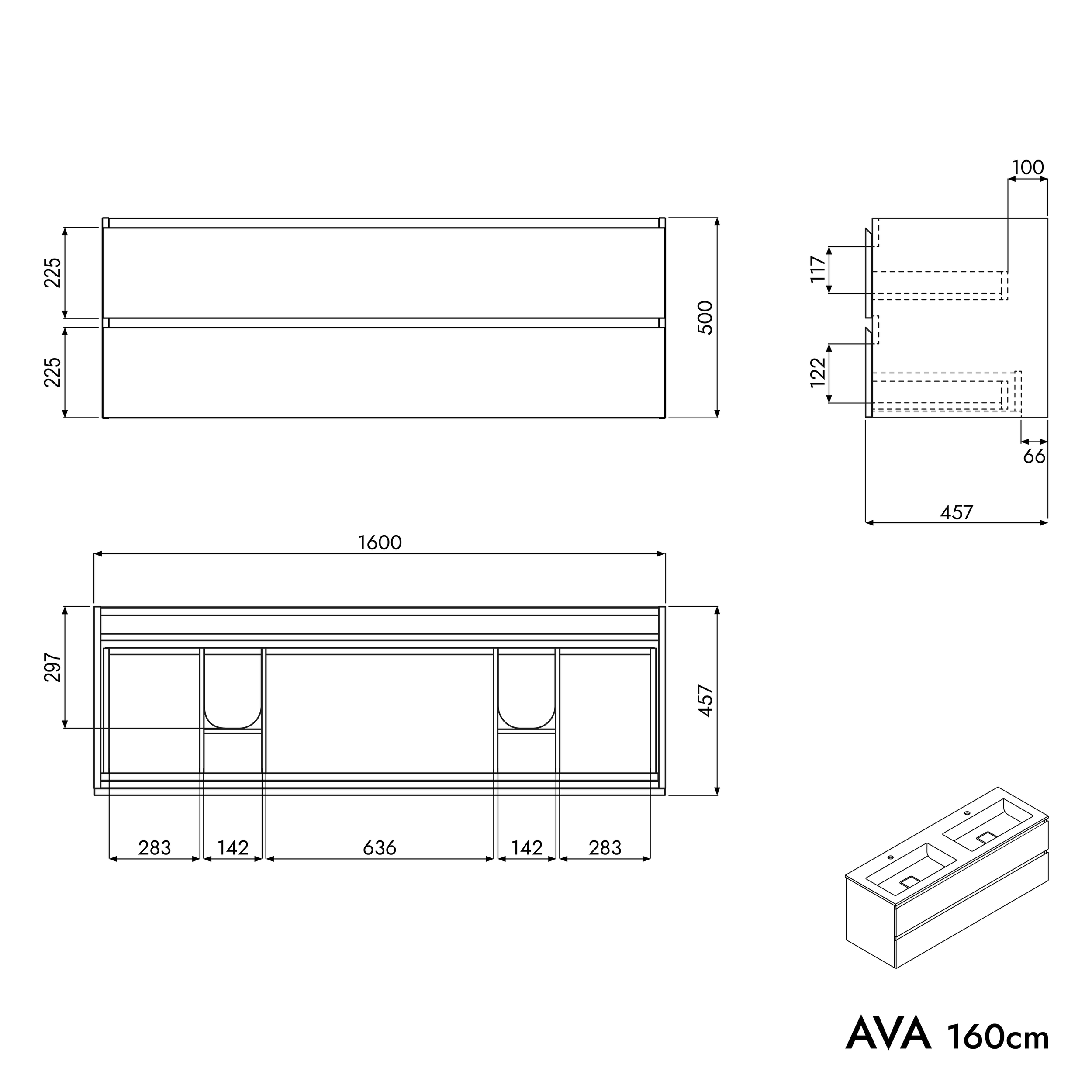 Tvättställsskåp AVA 160 cm med mineralgjutet tvättställ BRUXELLES