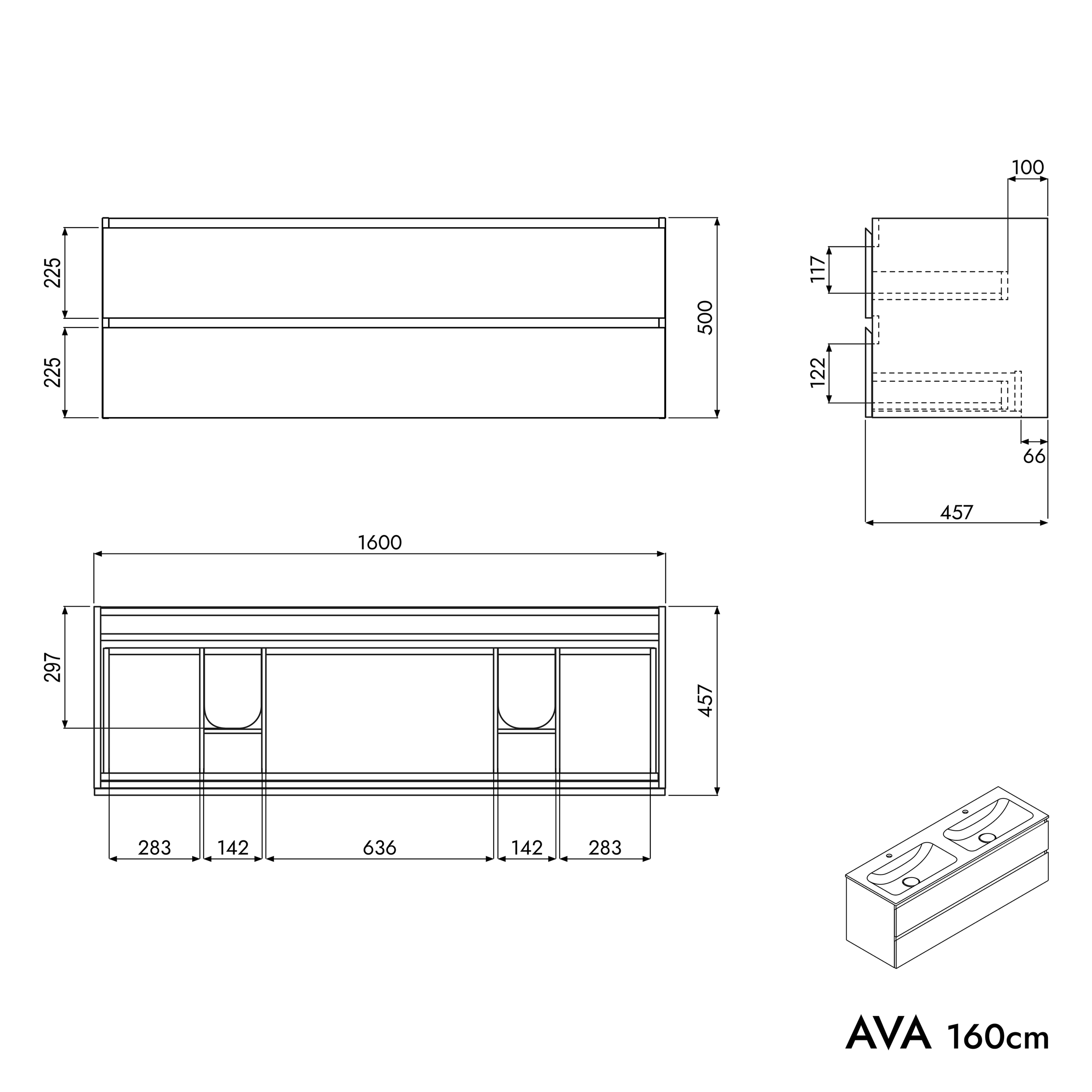 Tvättställsskåp AVA 160 cm med mineralgjutet tvättställ CREAM