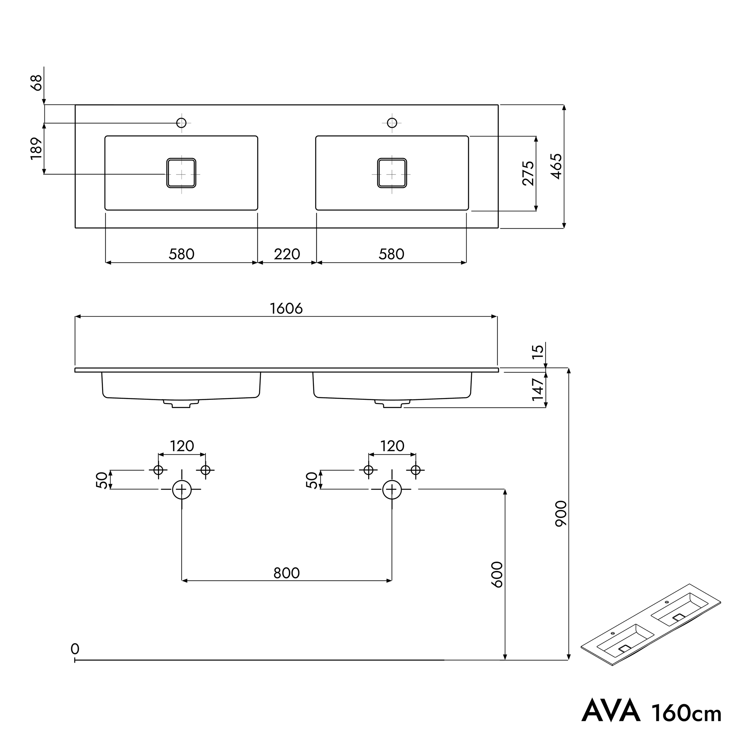 Tvättställsskåp AVA 160 cm med mineralgjutet tvättställ BRUXELLES