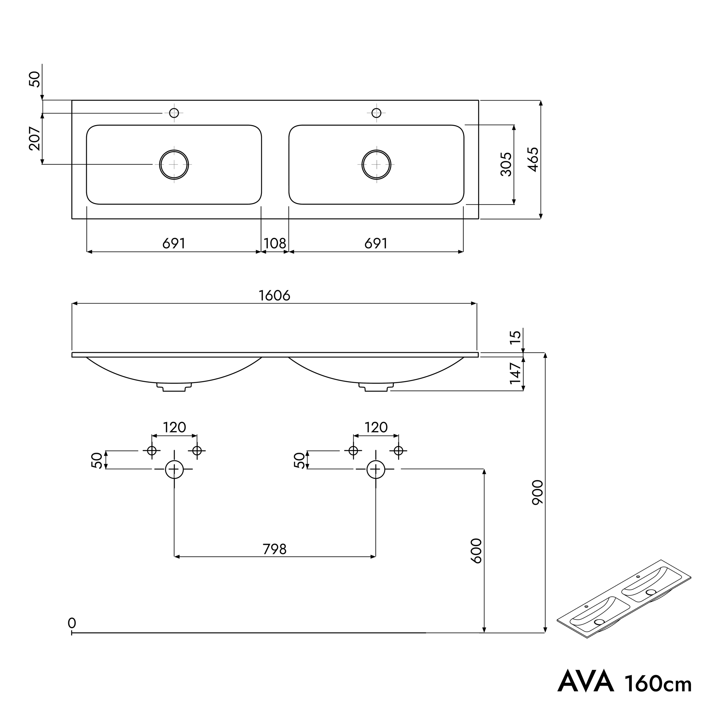 Tvättställsskåp AVA 160 cm med mineralgjutet tvättställ CREAM