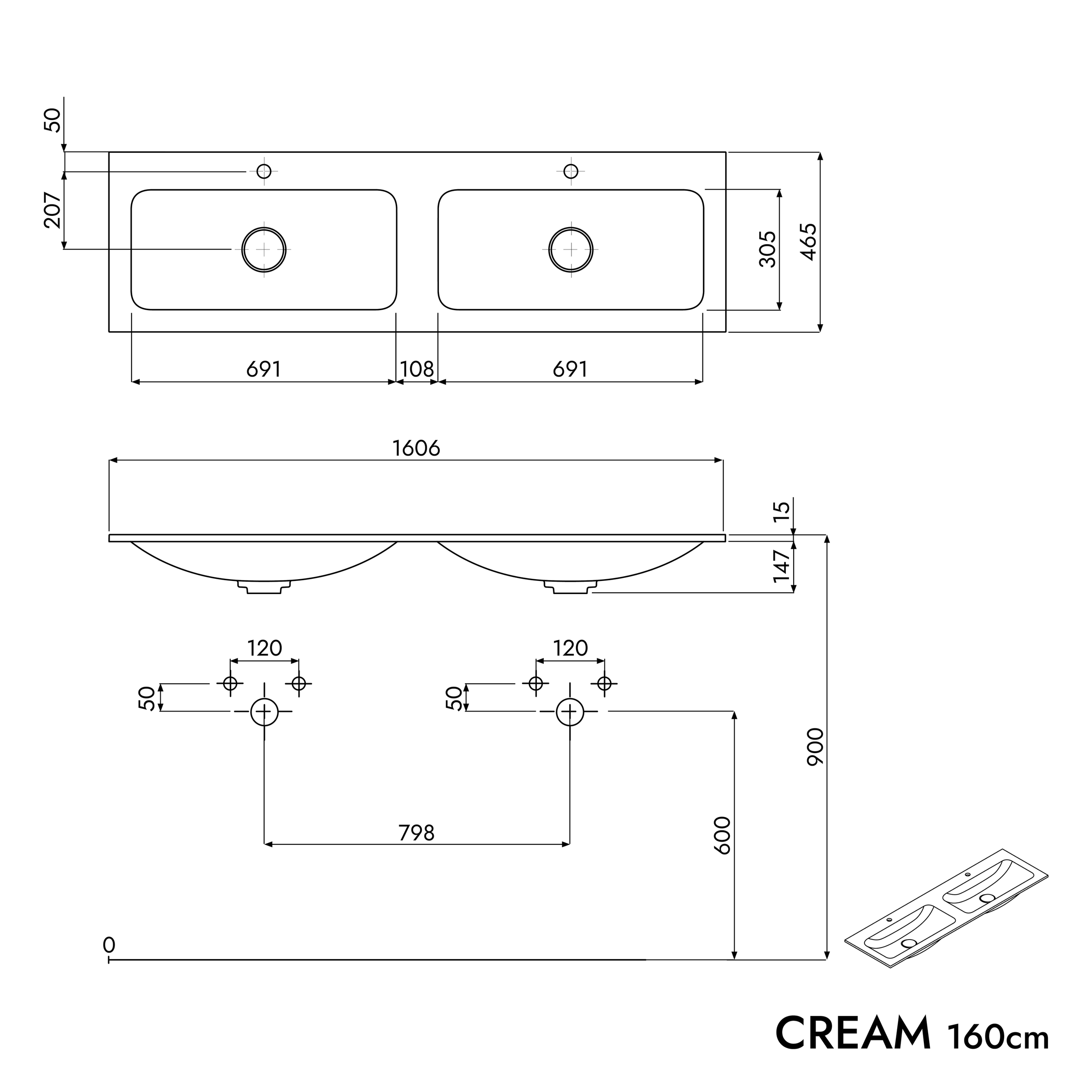 Tvättställsskåp AVA 160 cm med mineralgjutet tvättställ CREAM