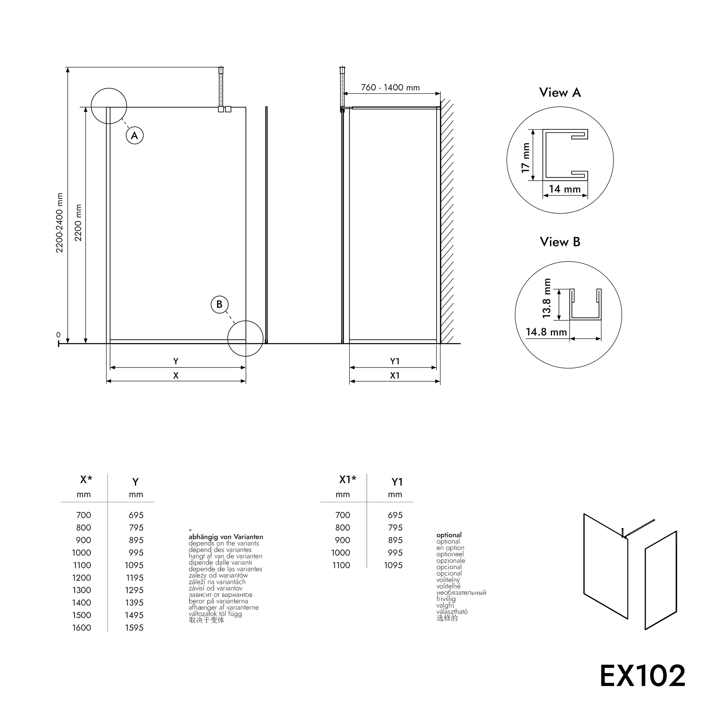 Duschkabin 10mm nano klarglas EX102 - 1 glasvägg rostfri profil krom - bredd valbar