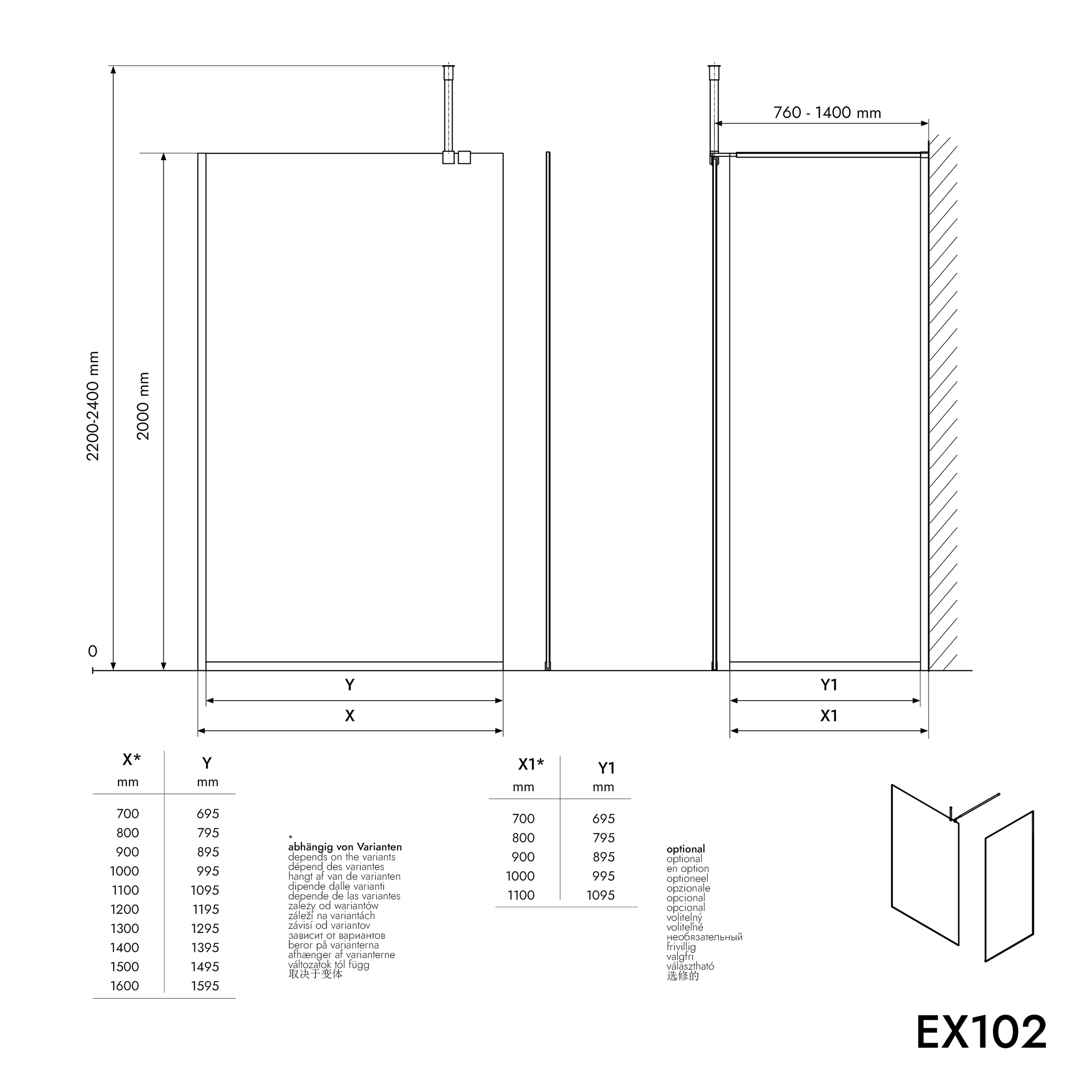 Walk-in Duschvägg 10mm nanogrått glas EX102 - 1 glasvägg rostfri stålprofil mattsvart - bredd valbar