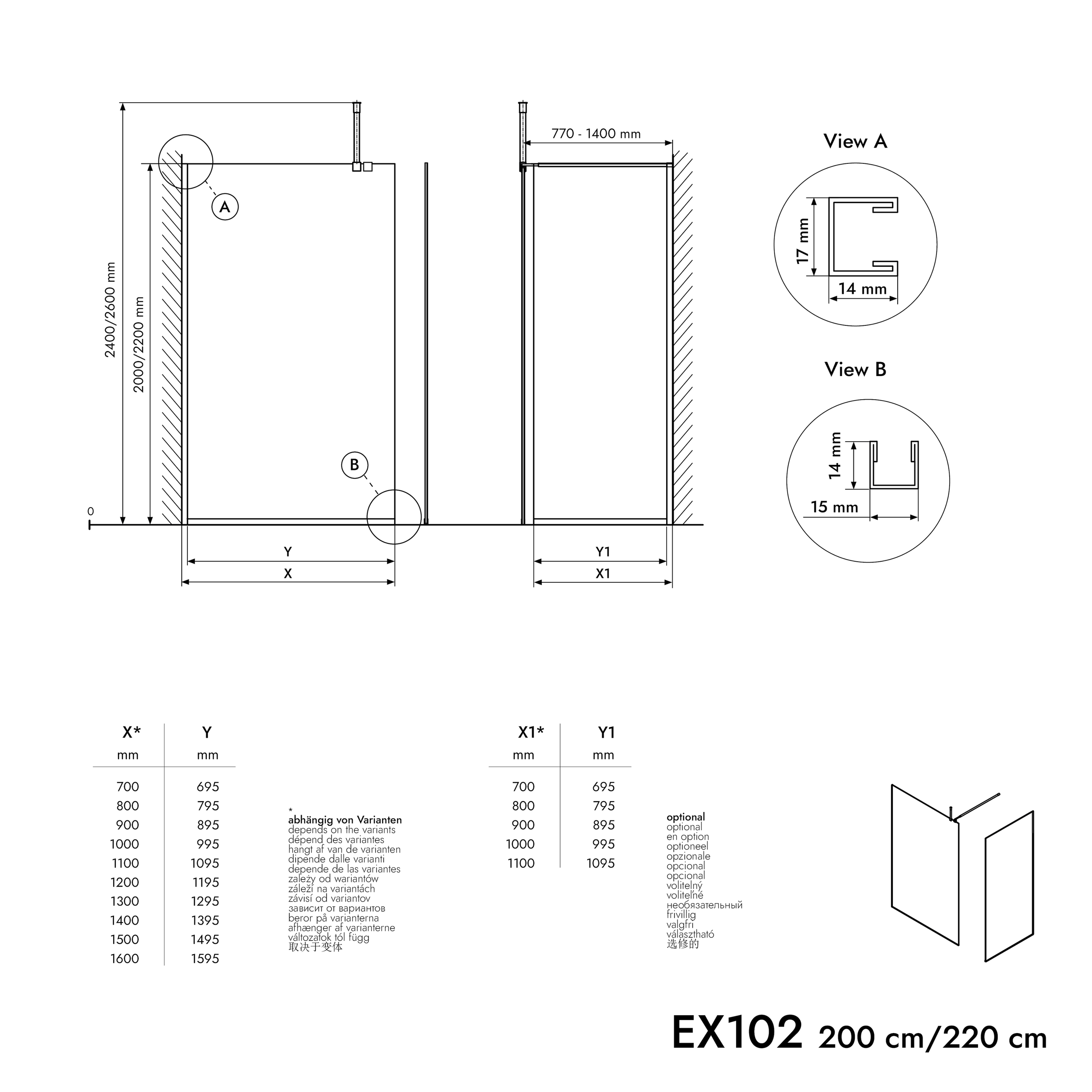 Duschkabin 10mm nano klarglas EX102 - 1 glasvägg rostfri profil krom - bredd valbar