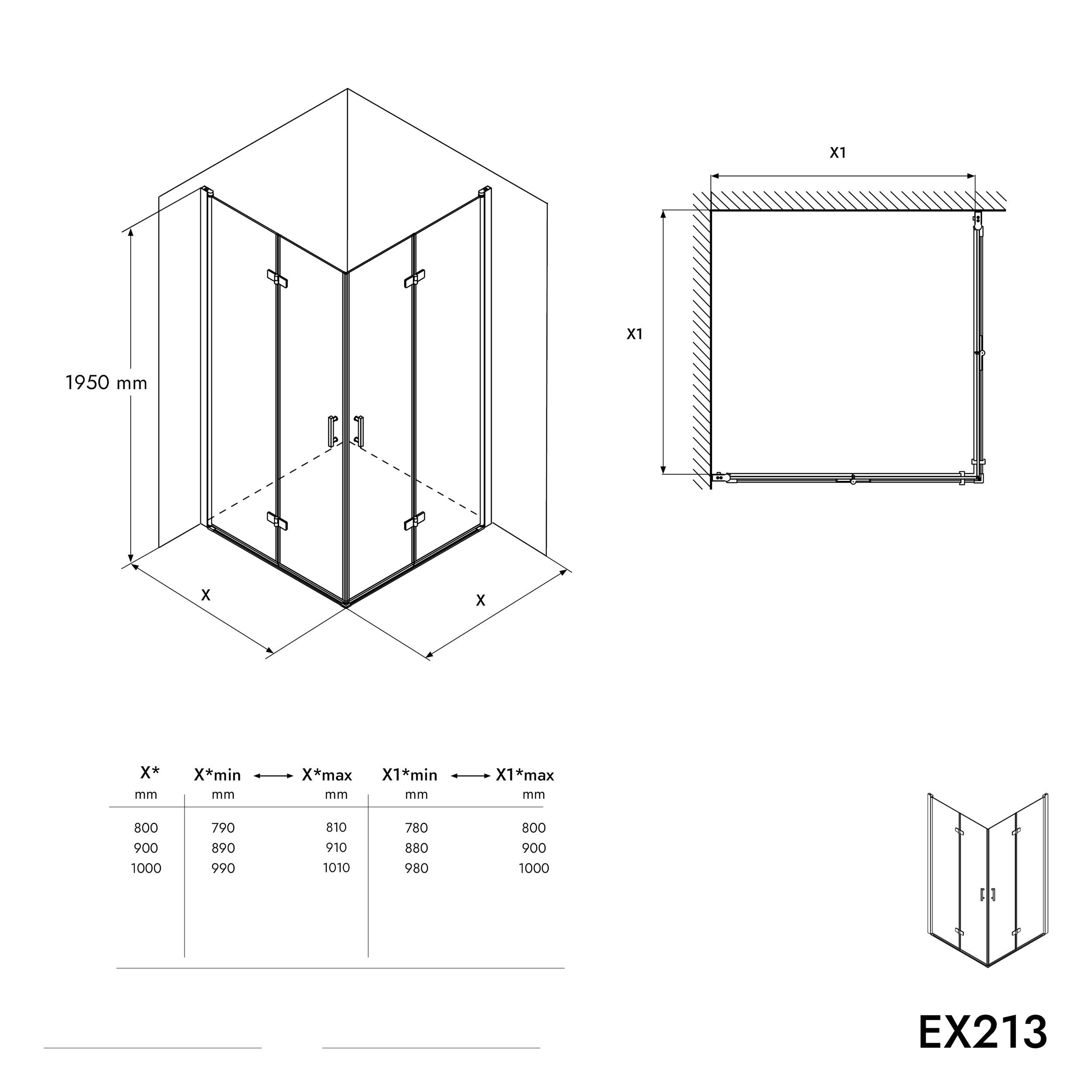 Vikbar duschvägg av nano-glas, EX213, 100 x 100 x 195 cm + duschkar