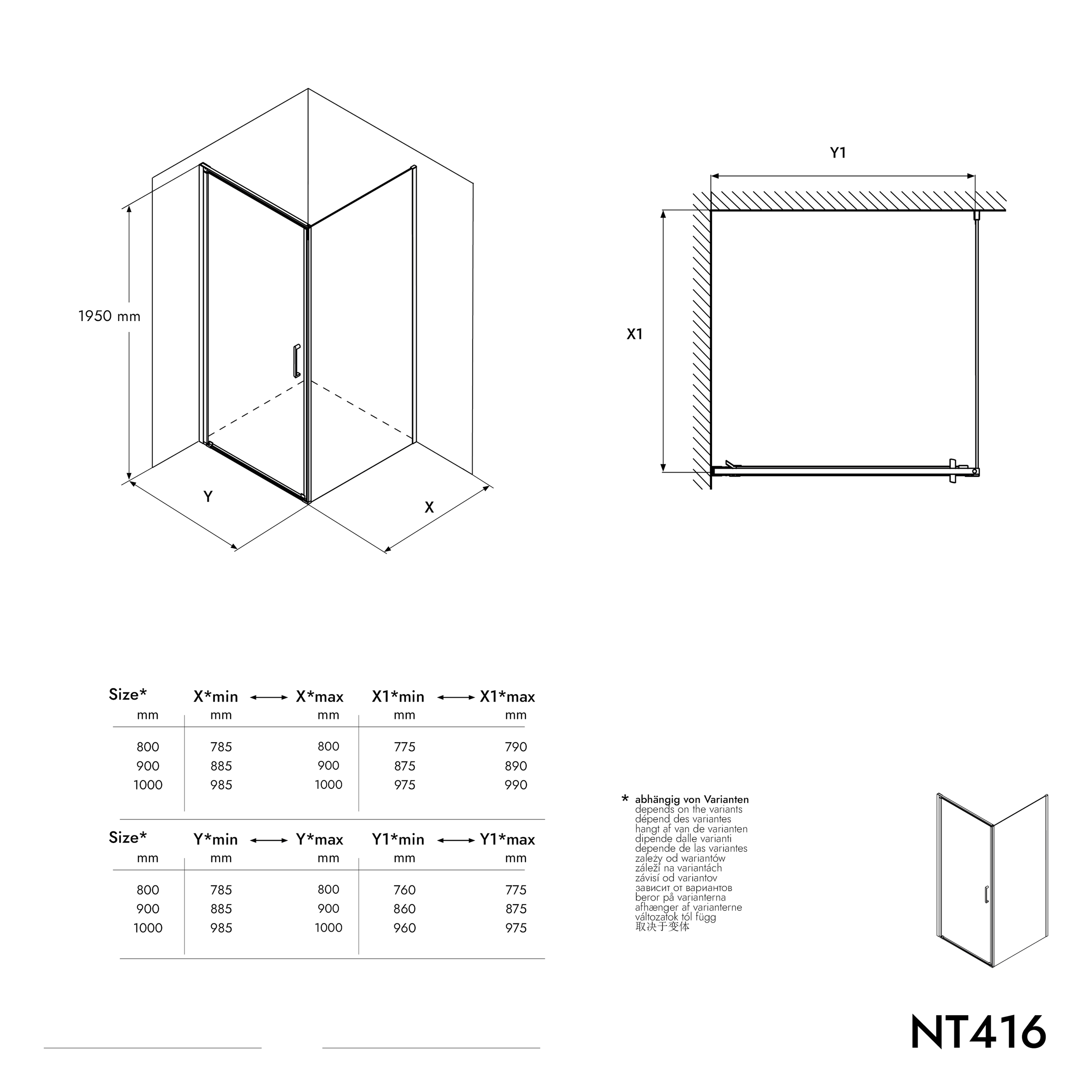 Hörndusch av äkta, transparent nano-glas på 8 mm, EX416 - 100 x 100 x 195 cm