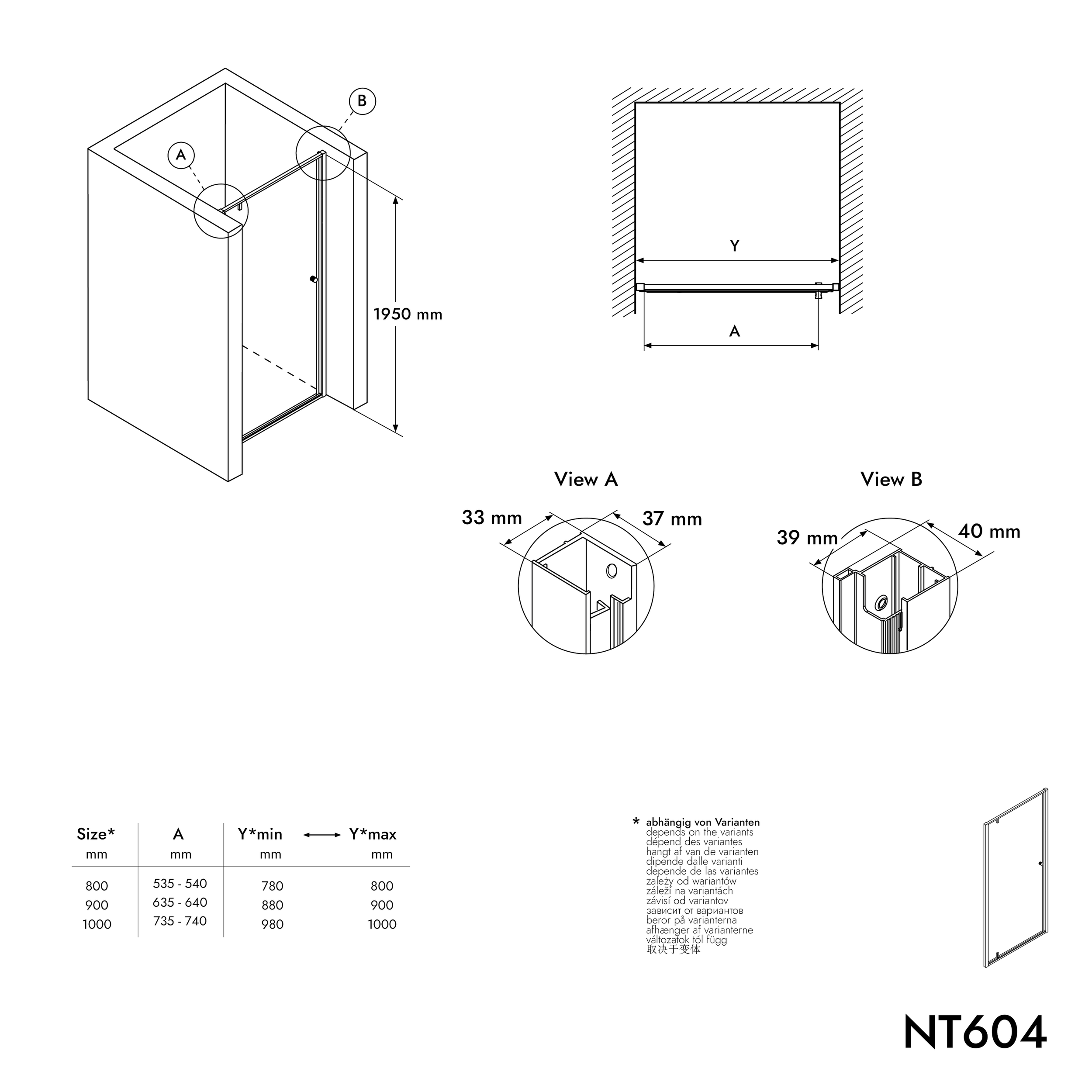 Nischdusch med svängdörr NT604 FLEX - 6 mm nano klar glas - profilfärg valbar
