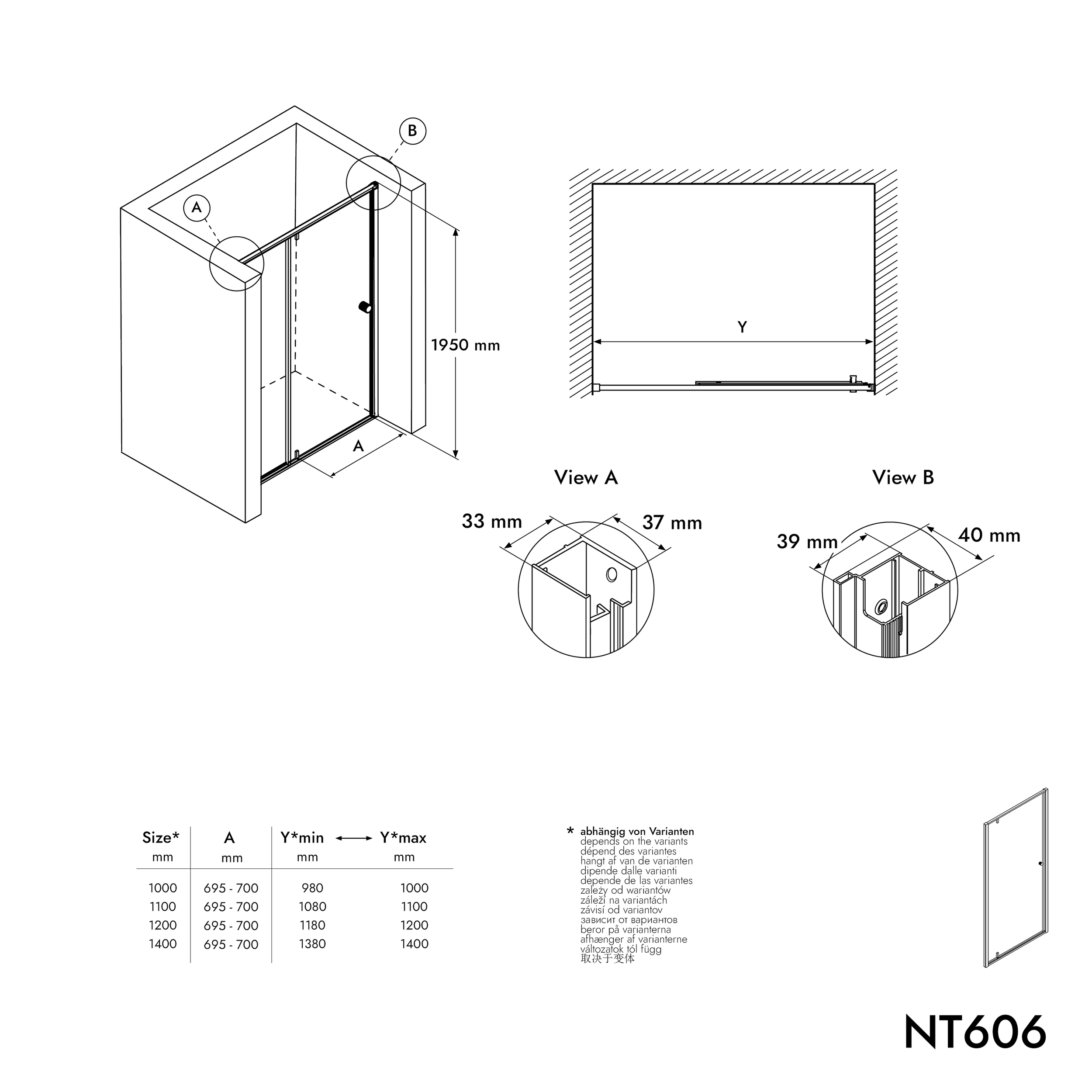 Nischdusch med svängdörr på fast panel NT606 FLEX - 6 mm nano klar glas - profilfärg valbar