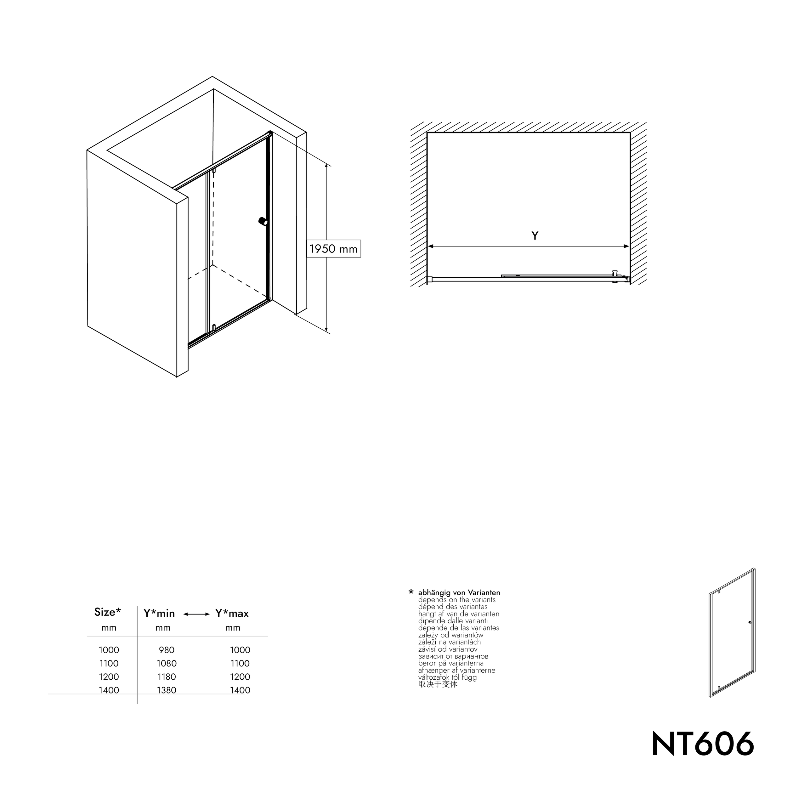 Nischdusch med svängdörr på fast panel NT606 FLEX - 6 mm nano klar glas - profilfärg valbar