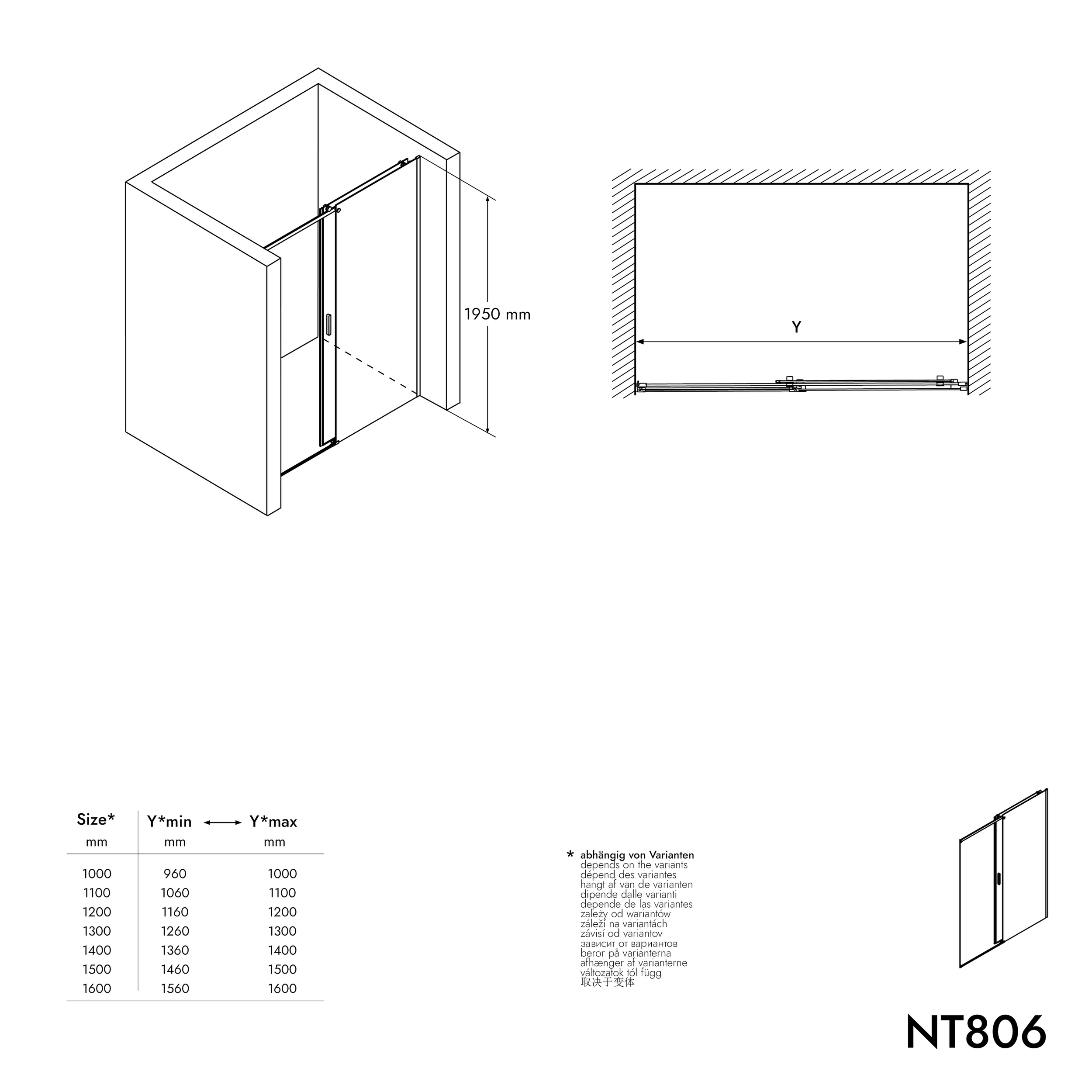 Nischdusch med skjutdörr NT806 FLEX Svart matt - Nano grått glas - glastjocklek valbar