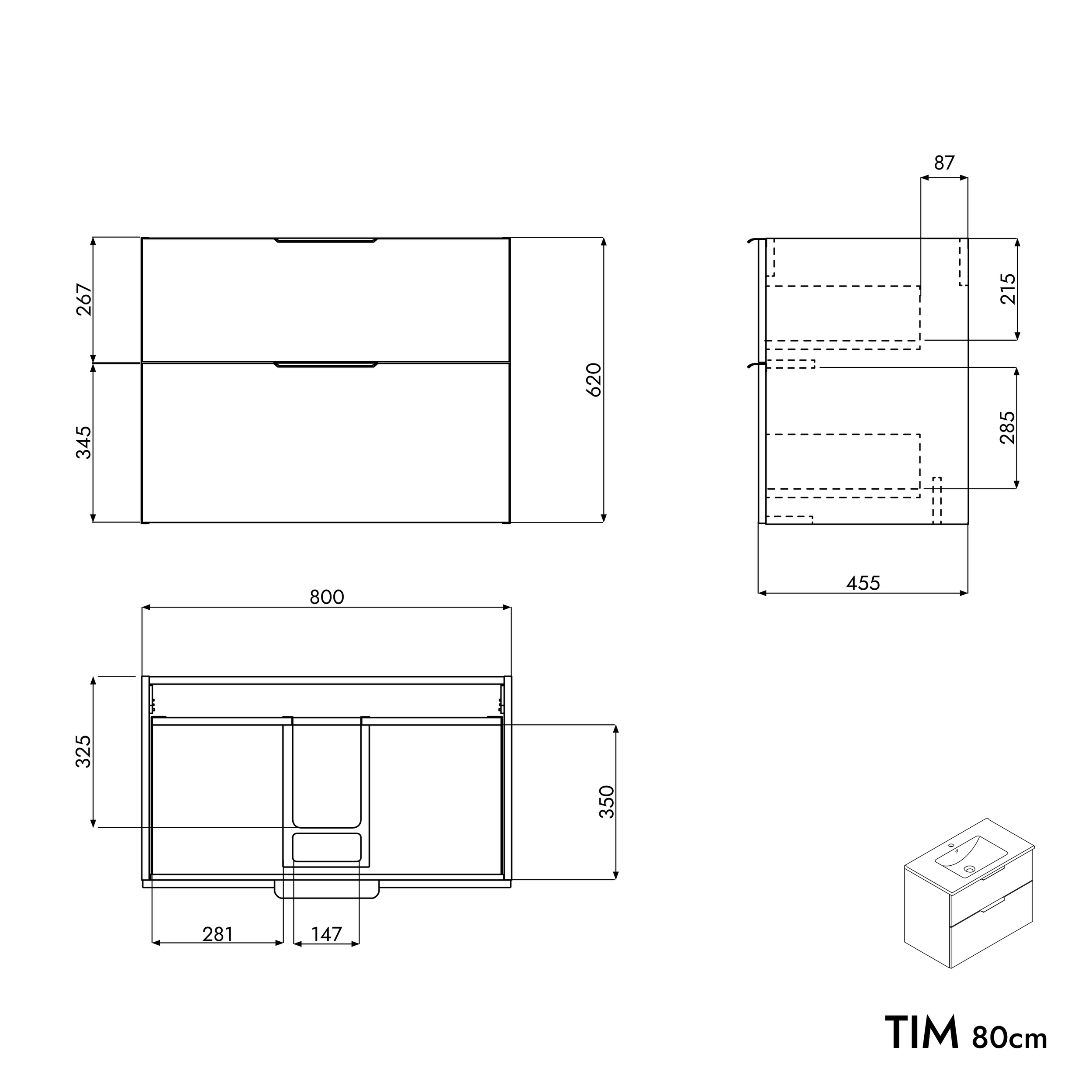 Badrumsmöbel set TIM 80 cm med keramikhandfat