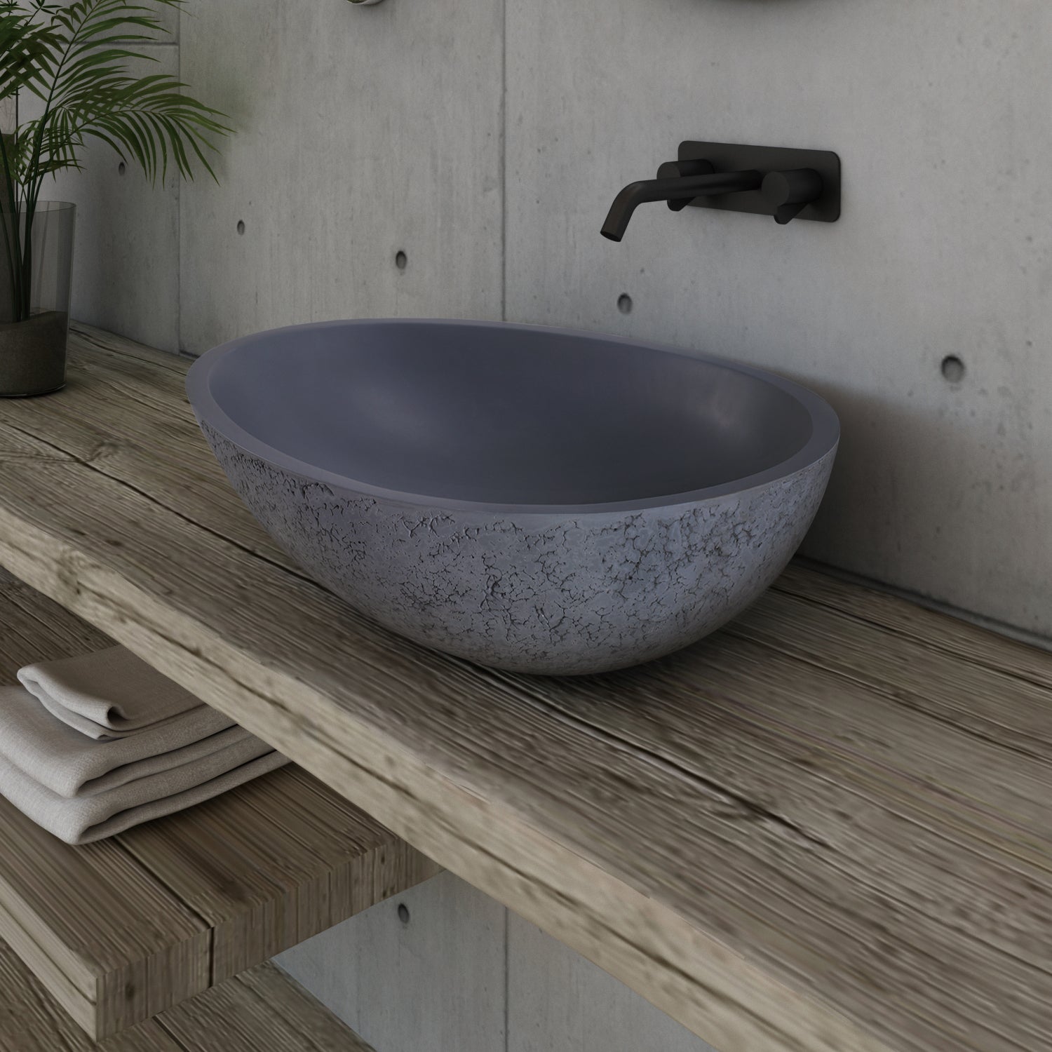 Tvättställ med bänkskiva VELA - gjuten mineral - betongutseende - 60,5 x 43,5 x 16 cm